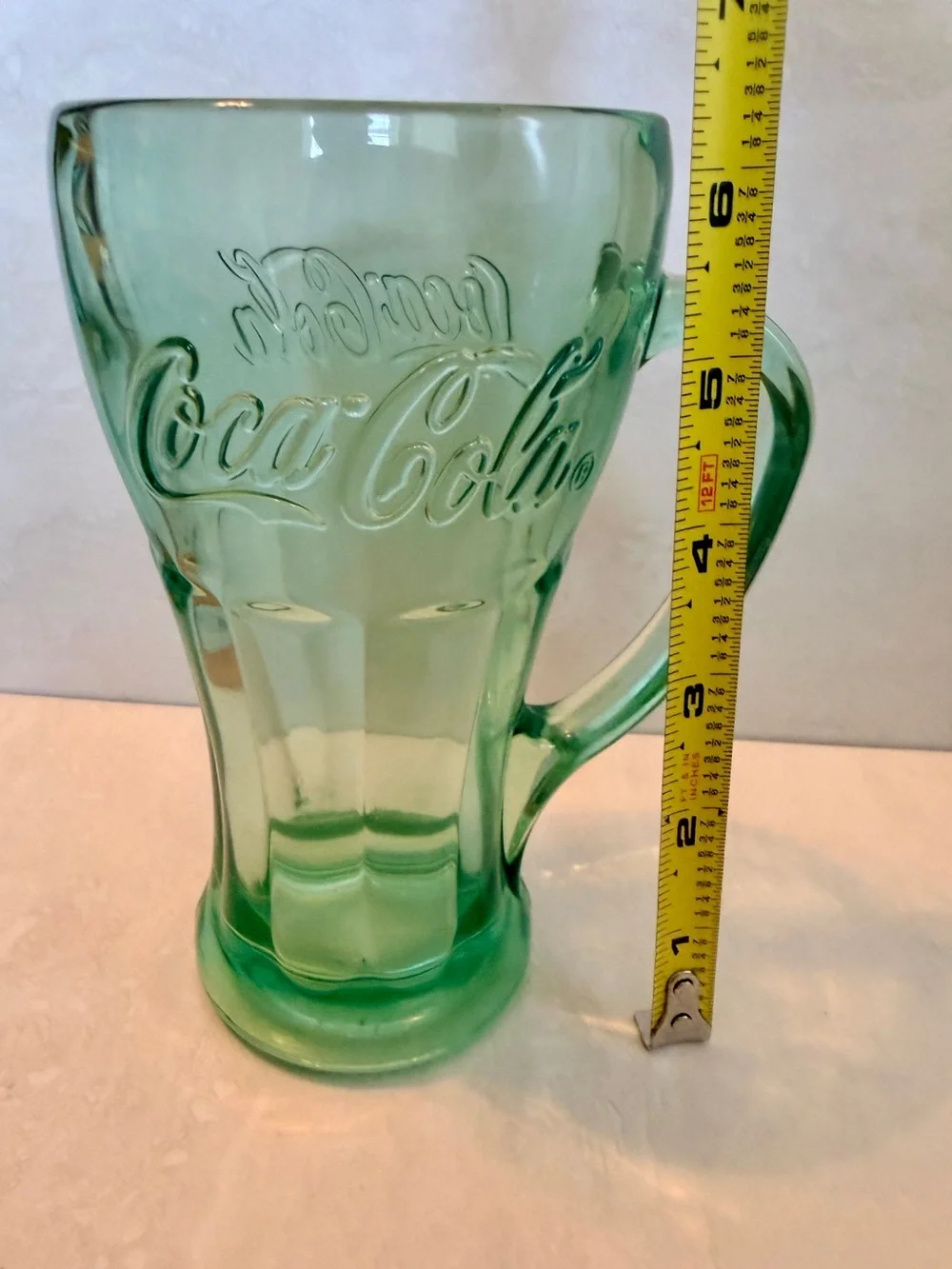 Vintage Coca Cola Green Embossed Glass Mug 6” Tall Heavy Handle Glass 70's